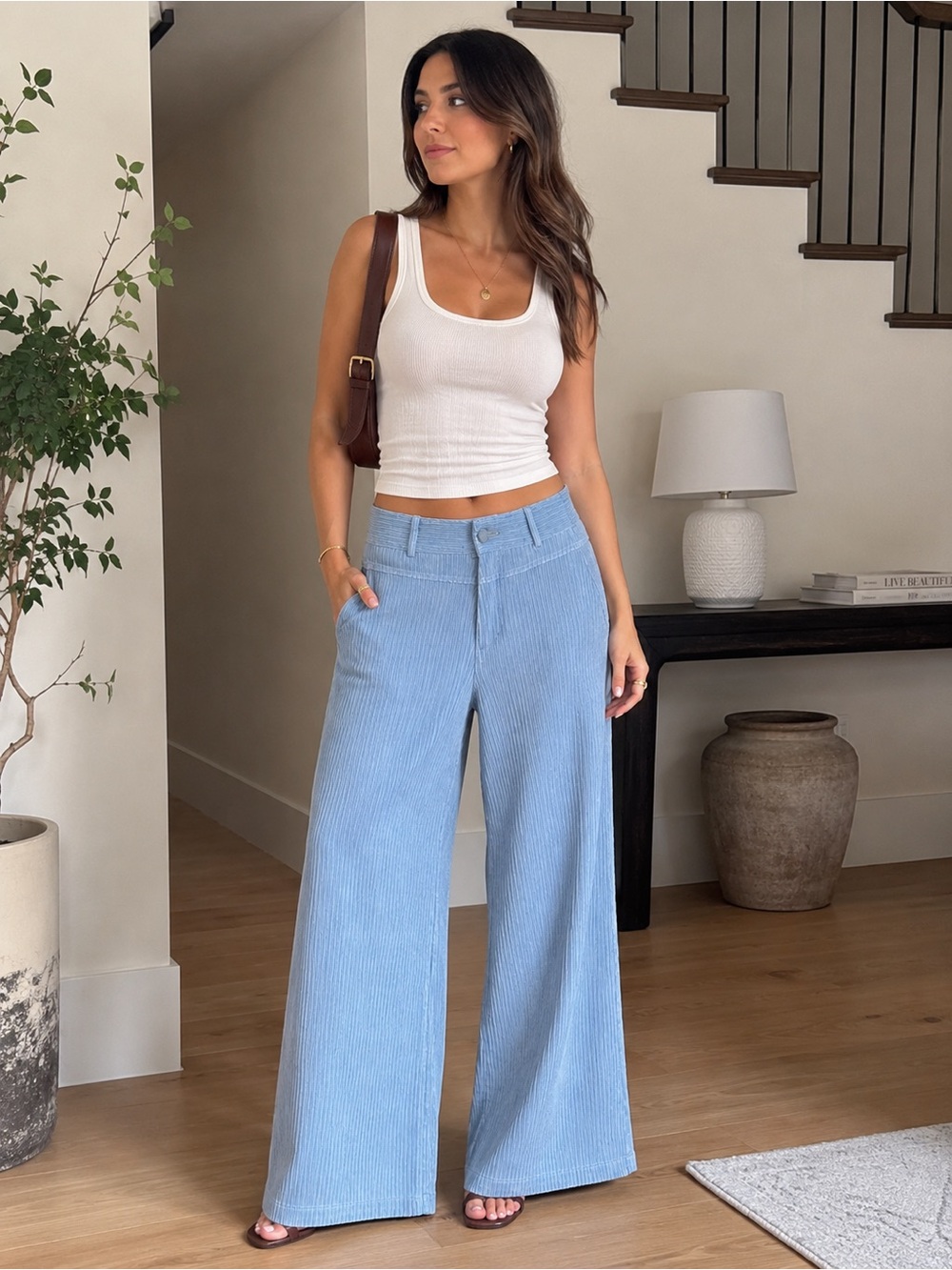 Zara Light Blue Wide-Leg Corduroy Pants